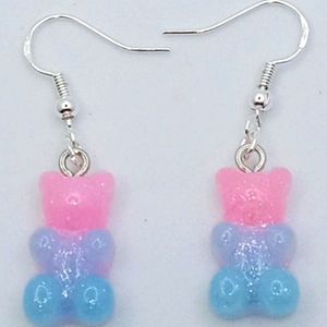 PINK AND BLUE ACRYLIC GUMMY BEAR EARRINGS WITH STERLING SILVER EAR WIRES